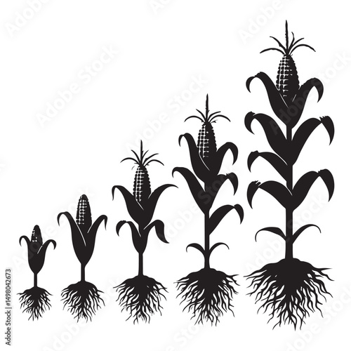 Corn plant growth stages illustration featuring silhouette from seed to harvest