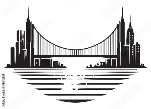 Urban Skyline Silhouette Vector Illustration with Bridge and Reflection