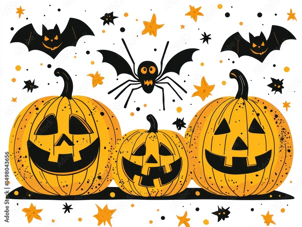 Three carved pumpkins, a spider, and bats against a white background with orange and black stars. Spooky and fun Halloween illustration Three carved pumpkins, a spider, and bats against a white background with orange and black stars. Spooky and fun Halloween illustration