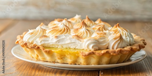 A close-up of a lemon meringue pie with a golden crust and swirls of fluffy meringue, sitting on a white plate against a wooden surface.