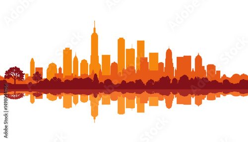 Silhouette of New York skyline with autumn maple trees and reflection  