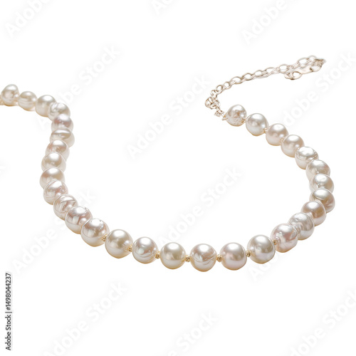 A close-up shot of an elegant pearl necklace, featuring a delicate chain and lustrous, creamy-white pearls of uniform size, arranged in a gently curving line. The pearls display a smooth, subtle sheen