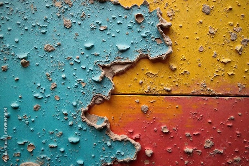 Close-up view of peeling paint on a weathered wooden surface, revealing layers of color and texture beneath Flaking, chipping, distressed, aged, rustic, vintage texture , rough, detail