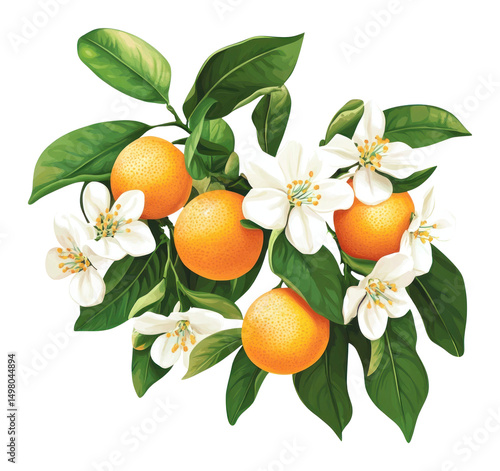 Fototapeta Naklejka Na Ścianę i Meble -  PNG A branch of an orange illustration flowers fruit.