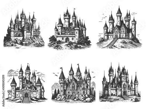 Castle Set collection bundle sketch engraving generative ai vector illustration. Scratch board imitation. Black and white image.