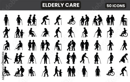 Elderly People and Disability Support Vector Icons Set Old Age, Wheelchair, Walking Stick, Caregiver, Sitting and Standing Poses Silhouette Illustrations