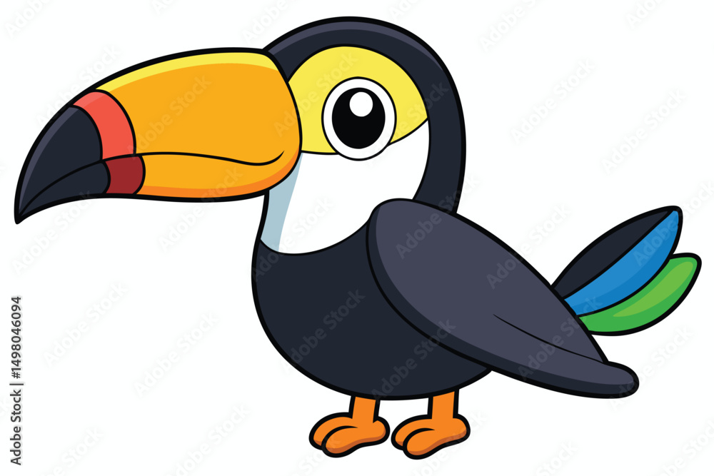 Fototapeta premium Cartoon Toucan with Colorful Beak, Yellow Throat, and Black Body, Standing Position