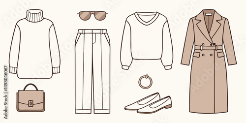Trendy modern minimalist fashion outfit elements in cream color with outlines for design