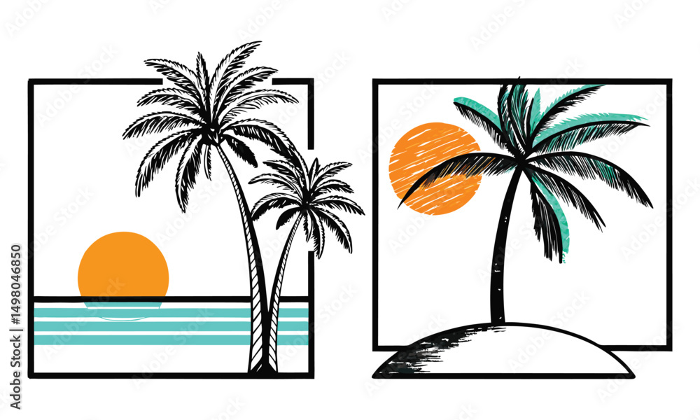 Fototapeta premium Palm Trees and Sunset Hand-Drawn Beach Scene in Square Frames