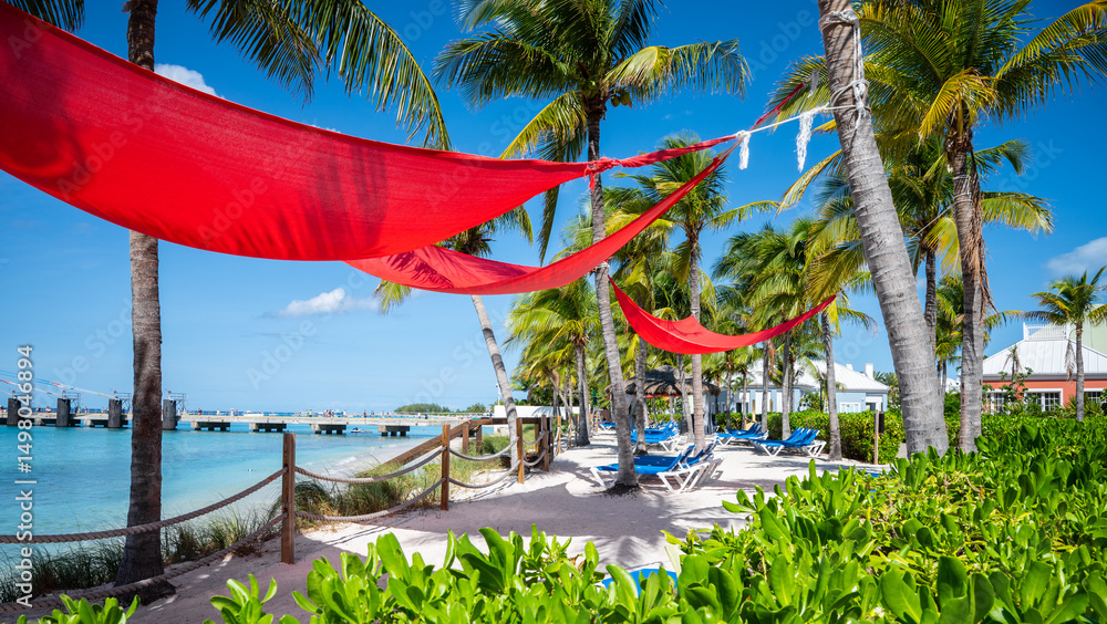 Shade Cloths Hanging on Palm Trees of Grand Turk Beach
