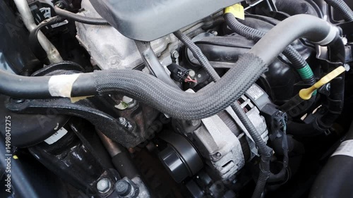 Close-up of a modern car engine compartment showcasing detailed mechanical components and wiring in daylight
