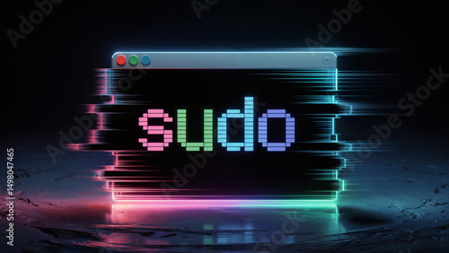 Plakat w ramie Neon-styled terminal window displaying sudo command with cyberpunk glitch effects for tech security and programming visuals