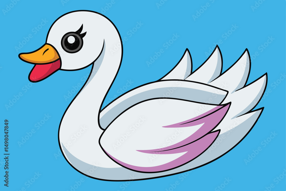 Fototapeta premium Cartoon White Swan with Eyelash Detail on Light Blue Background Illustration