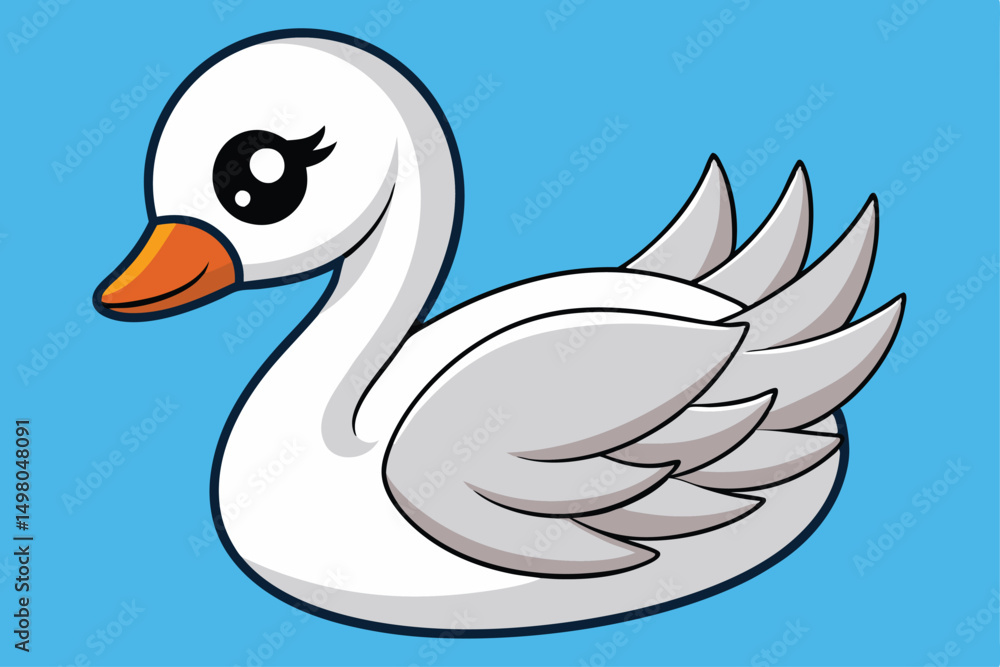 Cartoon Swan with White Feathers and Orange Beak Floating on Blue Background Cartoon Swan with White Feathers and Orange Beak Floating on Blue Background