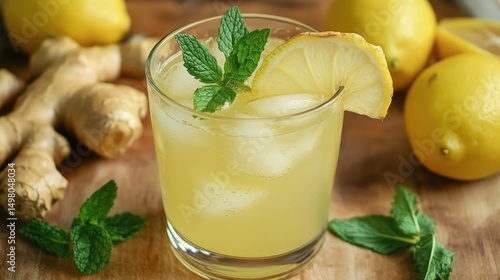 A refreshing drink with lemons, ginger and mint on a wooden cutting board.