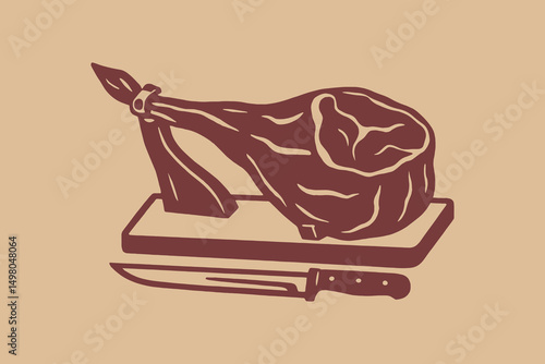 jamon leg with knife engraving style vector illustration