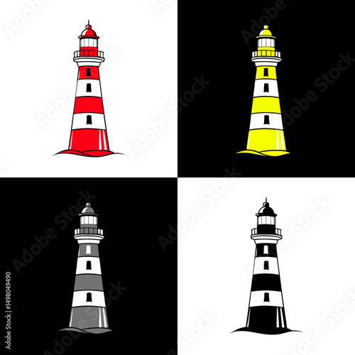 Lighthouse icon in colorful and black&white designs on contrastic background for marine infrastructure and leading concept