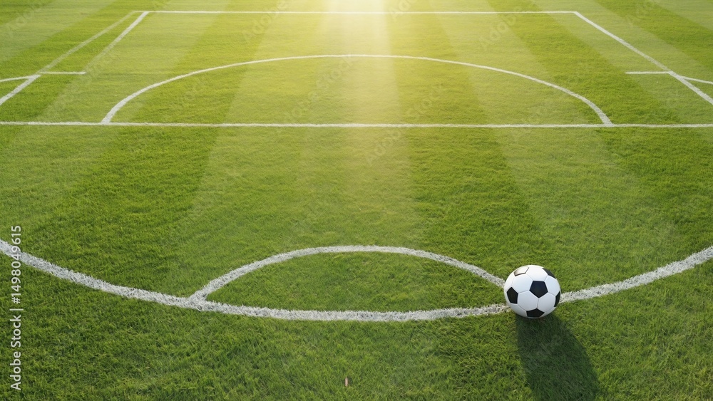 Fototapeta premium A football field with bright green grass and white marking lines. The ball is in the center of the field, illuminated by the sun, ready for an exciting match.