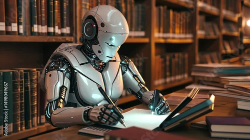 A futuristic robot author diligently writes notes on a notepad in an old library filled with towering shelves of books during a quiet afternoon
