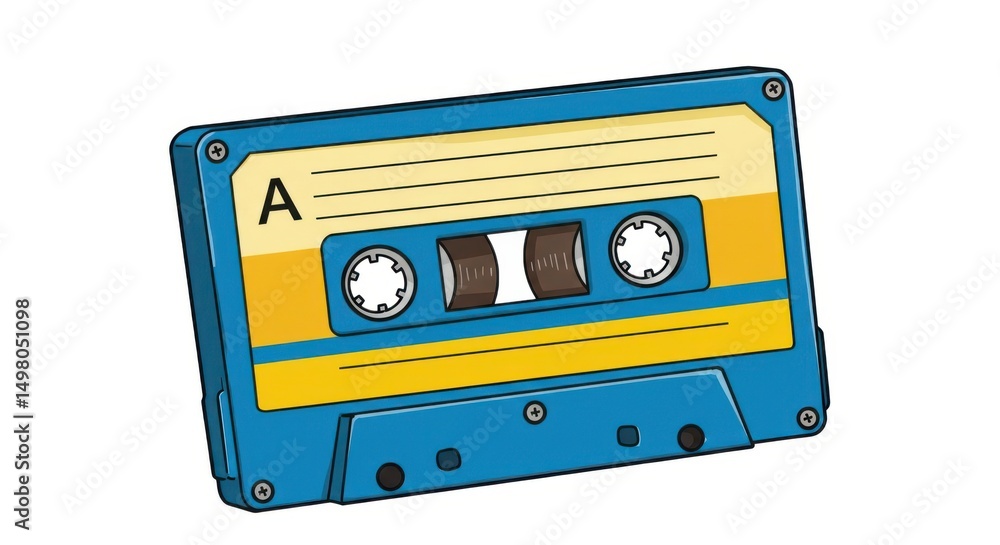 Obraz premium Blue and yellow cassette tape isolated on white background