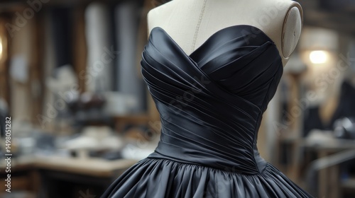 Elegant black satin evening dress with careful ironing at a fashion atelier