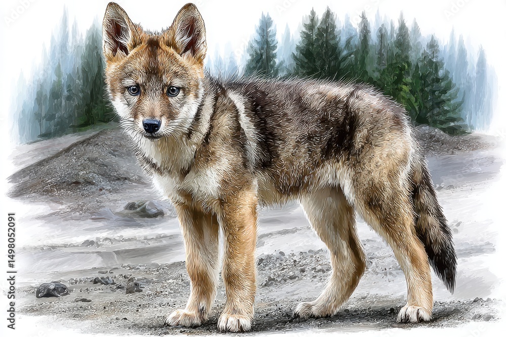 Fototapeta premium Wolf standing on rocky terrain, majestic canid with thick fur and sharp features, surrounded by serene wilderness backdrop.