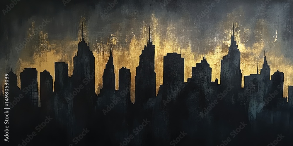 Obraz premium Dark, dramatic city skyline against a fiery, textured backdrop