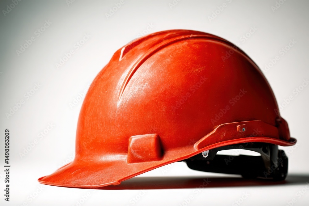 Fototapeta premium A bright red construction helmet is positioned on a plain background, symbolizing safety and protection in construction work. Its smooth surface and rounded shape are clearly visible.