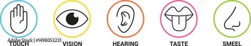 hand, eye, ear, nose, mouth
Human sense icons. Five human senses icons. Vision smell hearing touch taste senses filling, Vector illustration eps 10
