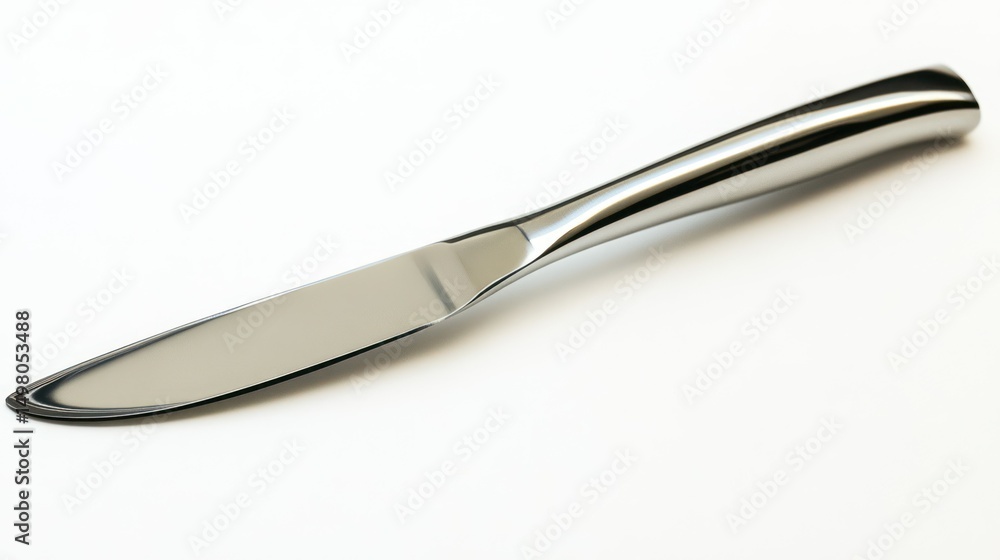 Fototapeta premium Close-up of a shiny silver butter knife on a stark white background.
