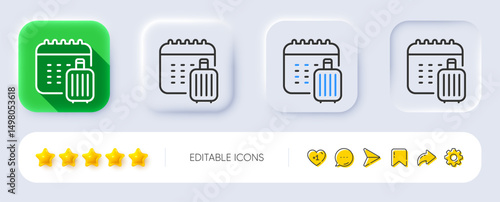 Baggage calendar line icon. Neumorphic, Flat shadow, 3d buttons. Travel luggage sign. Journey bag claim symbol. Line baggage calendar icon. Social media icons. Vector