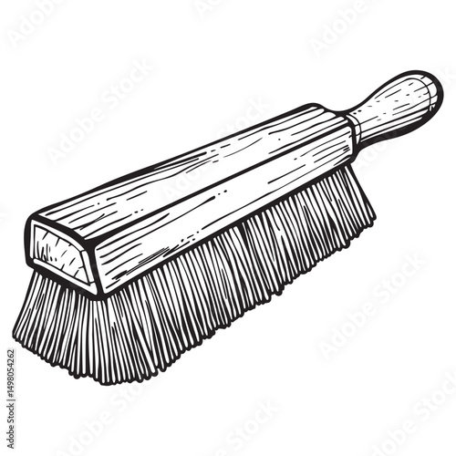 Handdrawn sketch of cleaning brush on white background, Cleaning brush with bristles on the handle