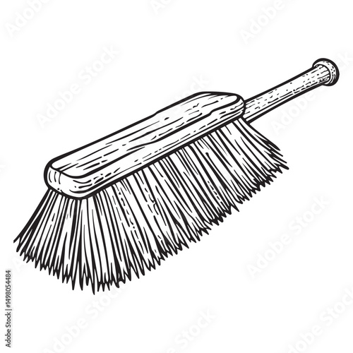 Handdrawn sketch of cleaning brush on white background, Cleaning brush with bristles on the handle