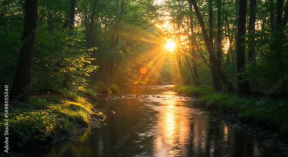 Obraz premium Forest River Sunset Scenery