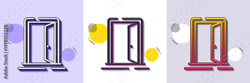 Open door line icon. Halftone dotted pattern. Gradient icon with grain shadow. Entrance doorway sign. Building entry symbol. Line open door icon. Various designs. Vector