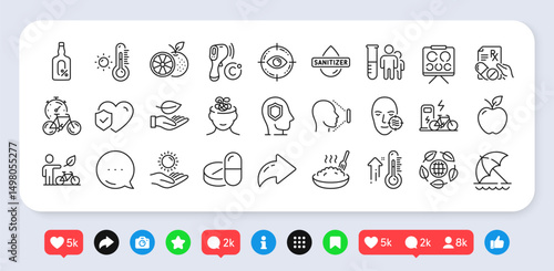 Eye target, Beach umbrella and Sun protection line icons pack. Social media: share, comment, like icons. Hand sanitizer, Porridge, Life insurance web icon. Vector