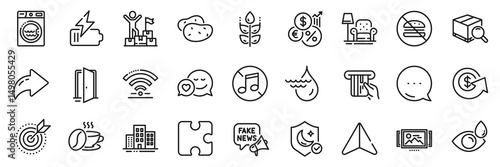 Target purpose, Potato and Fake news line icons pack. Share, Message, Paper plane icons. Search package, Hydroelectricity, Puzzle web icon. Credit card, Battery, Eye drops pictogram. Vector