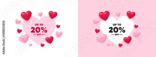 Discount tag heart shaped banner. 3d flying hearts. Up to 20 percent off sale. Discount offer price sign. Special offer symbol. Save 20 percentages. Valentines day greeting card. Vector