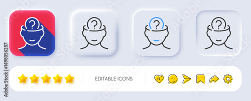 Psychology therapy line icon. Neumorphic, Flat shadow, 3d buttons. Mental health sign. Brain question mark symbol. Line psychology icon. Social media icons. Vector