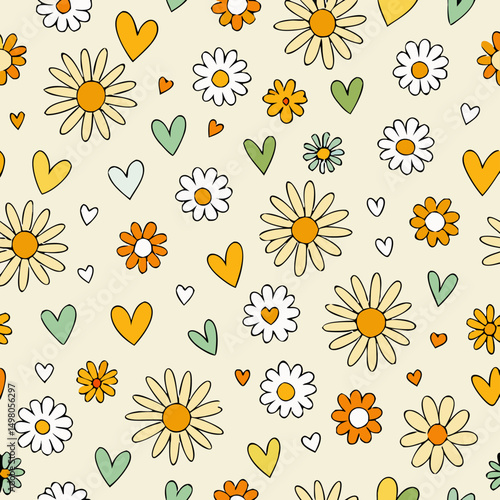 Cute Daisy and Heart Seamless Pattern Design