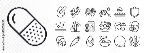 Mountain bike, Fair trade and Cough line icons for web app. Glare of light effect. Message icon. Pack of Medical mask, Capsule pill, Thermometer pictogram icons. Vector