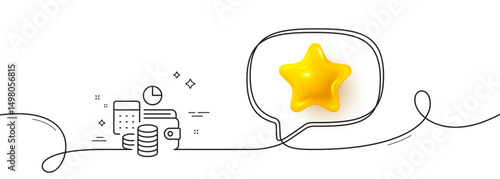 Budget accounting line icon. Continuous line with 3d star. Finance management sign. Business economy symbol. 3d star in speech bubble. Budget accounting single line ribbon. Loop curve pattern. Vector