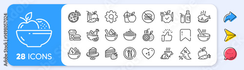 Meal line icons. Interest rate, AI generate, Inflation icons. Vegatable dish, poke bowl food and healthy salad set. Pizza, pasta spaghetti bowl and burger line icons. Vector