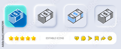 Cash money line icon. Neumorphic, Flat shadow, 3d buttons. Banking currency sign. Dollar or USD symbol. Line usd currency icon. Social media icons. Vector
