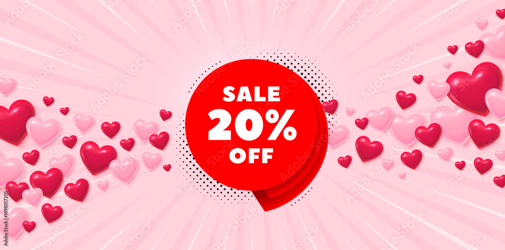 Sale 20 percent love banner with 3d hearts. Sunburst flare background. Sale 20 percent off banner. Discount sticker shape. Coupon bubble icon. Valentines day greeting card. Vector