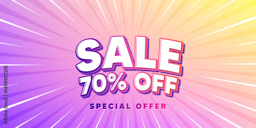 Sale sun rays gradient banner. Light burst background. Sale 70 percent off discount. Promotion price offer sign. Retail badge symbol. Gradient sun rays. Sunburst light. Vector
