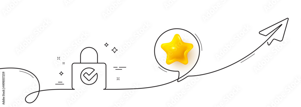 Lock with Check line icon. Continuous line with share plane. Private locker sign. Password encryption symbol. 3d star in speech bubble. Password encryption single line ribbon. Vector