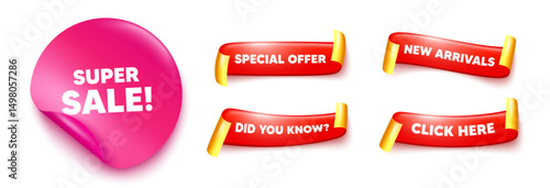 Obraz na płótnie Super sale sticker, offer ribbons. New arrivals, Click here. Super Sale tag. Special offer price sign. Advertising Discounts symbol. Pink sticker tag. Flag ribbon banners. Vector w salonie