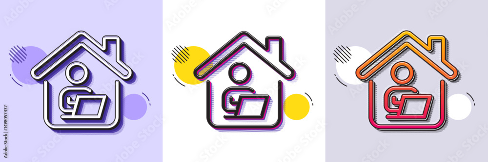 Work at home line icon. Halftone dotted pattern. Gradient icon with grain shadow. Outsource job sign. Remote office employee symbol. Line work home icon. Various designs. Vector