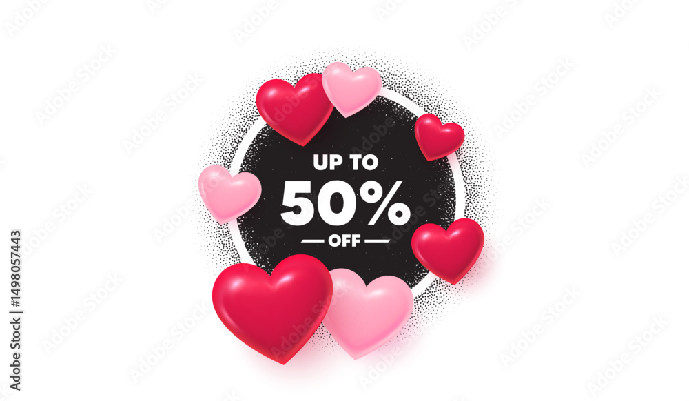 Discount tag frame love banner. Circle photo frame. Up to 50 percent off sale. Discount offer price sign. Special offer symbol. Save 50 percentages. 3d hearts balloons. Grain dots pattern. Vector